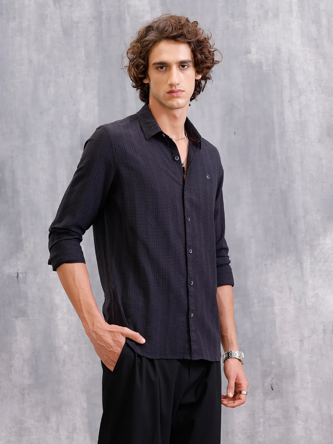 Modal Blend Seersucker Shirt In Slim Fit | Black - Image 5