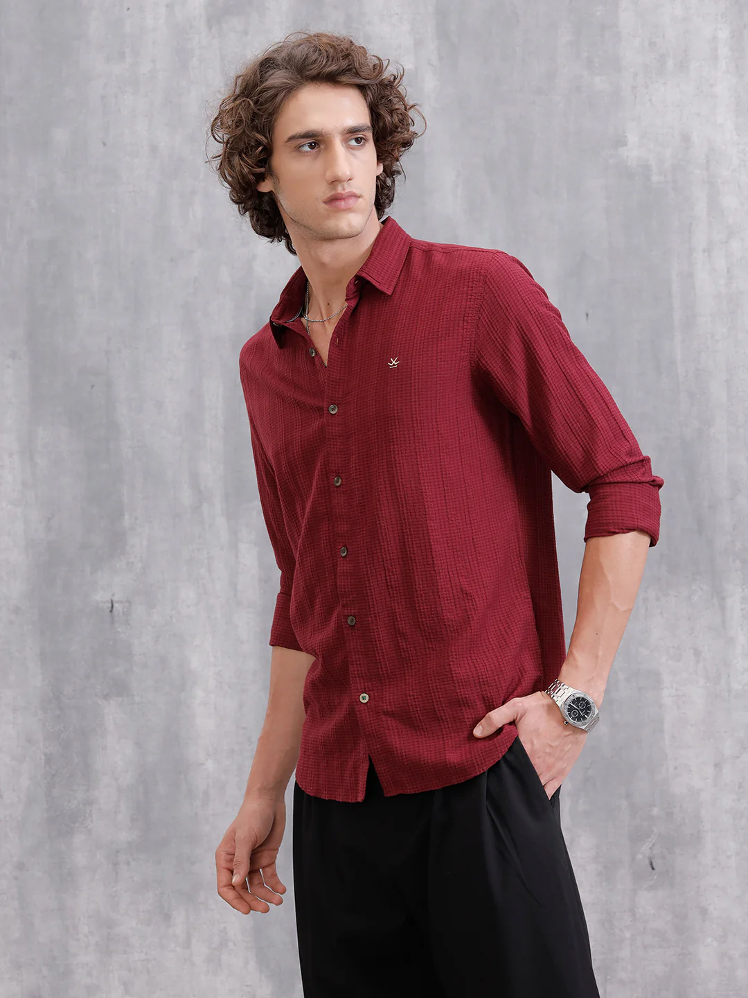 Modal Blend Seersucker Shirt In Slim Fit | Dark Maroon - Image 5
