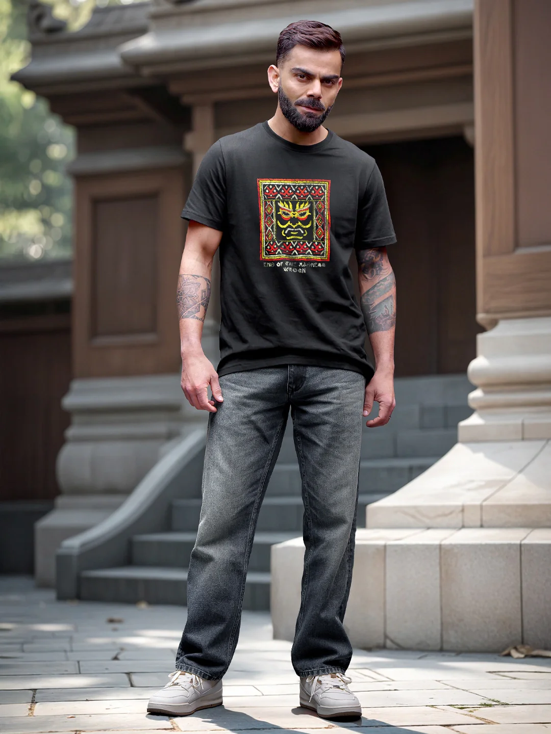 Mythical Face Graphic Crew Neck T-Shirt In Slim Fit  |  Black - Image 2