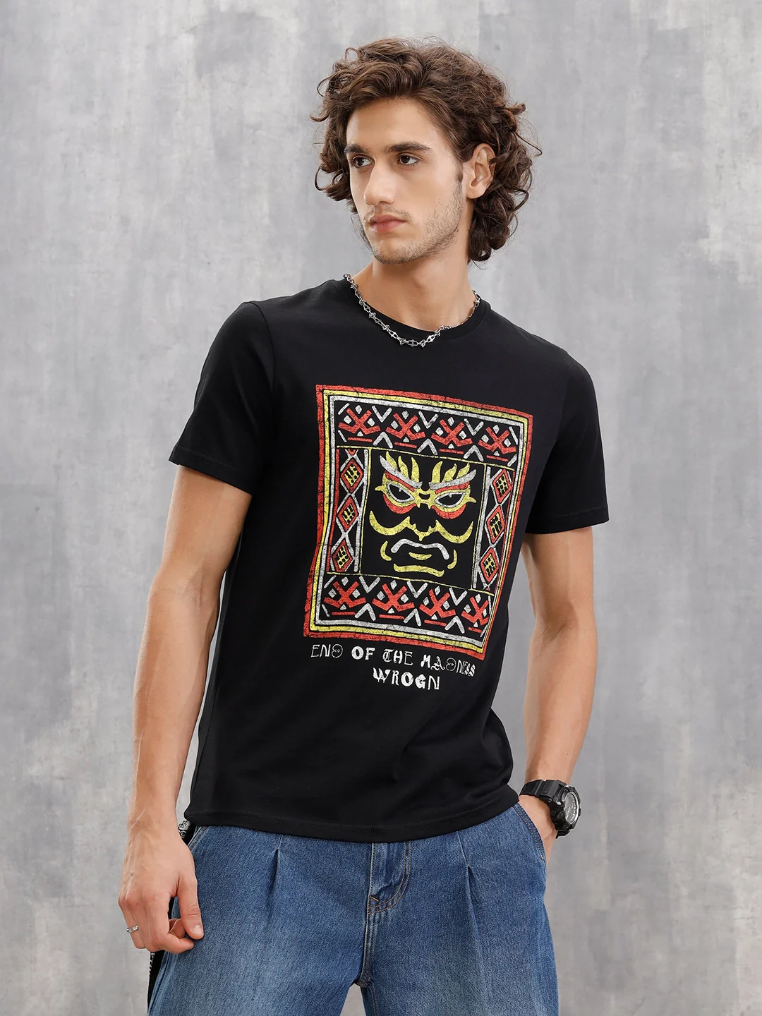 Mythical Face Graphic Crew Neck T-Shirt In Slim Fit  |  Black - Image 3