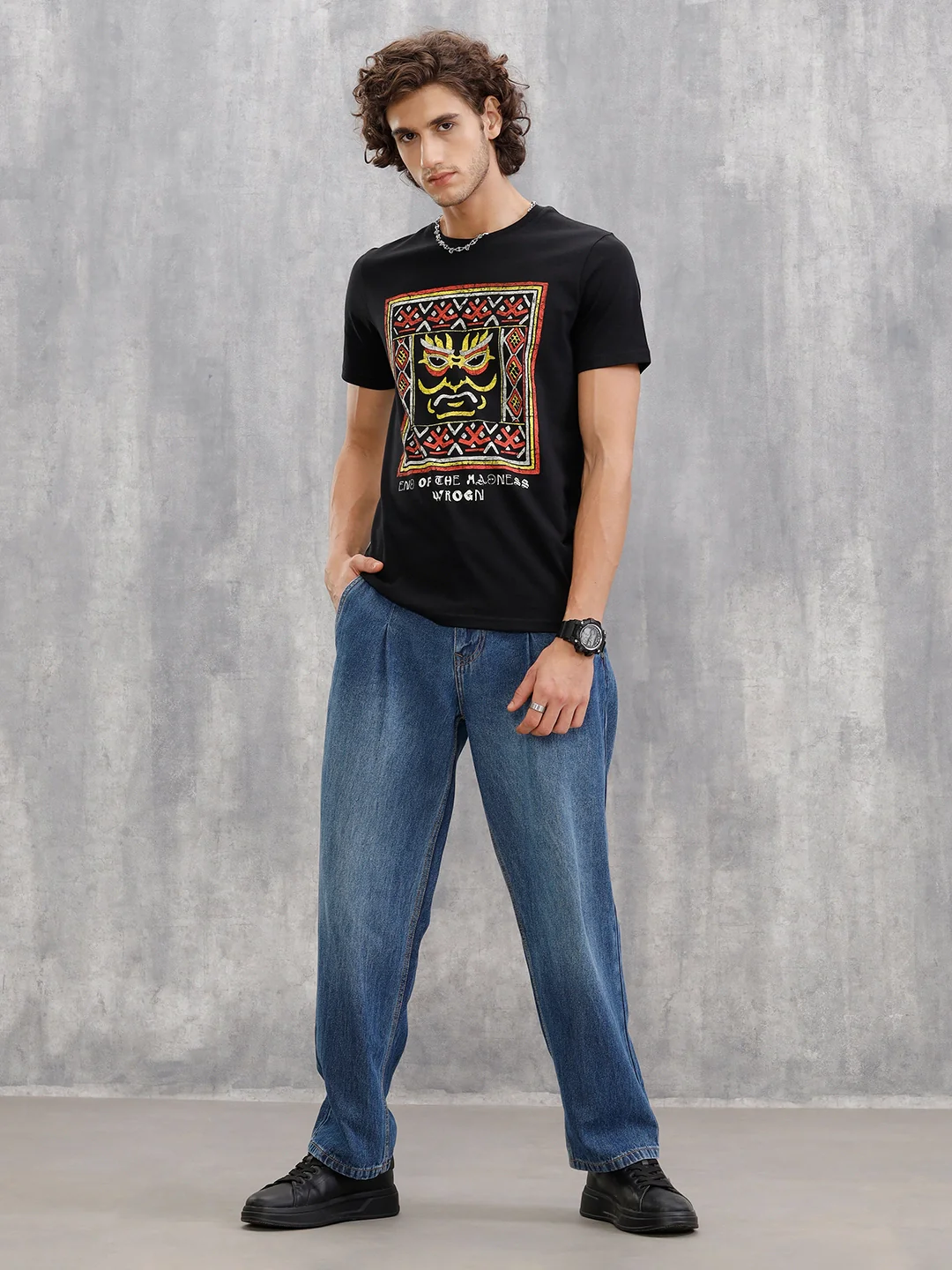 Mythical Face Graphic Crew Neck T-Shirt In Slim Fit  |  Black - Image 4