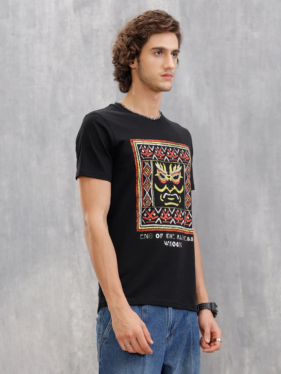 Mythical Face Graphic Crew Neck T-Shirt In Slim Fit  |  Black - Image 7