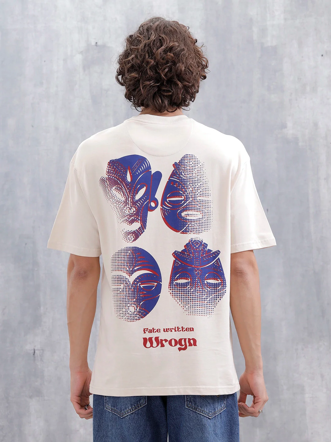 Mythical Faces Oversized Cotton Back Print T-Shirt | Beige - Image 3
