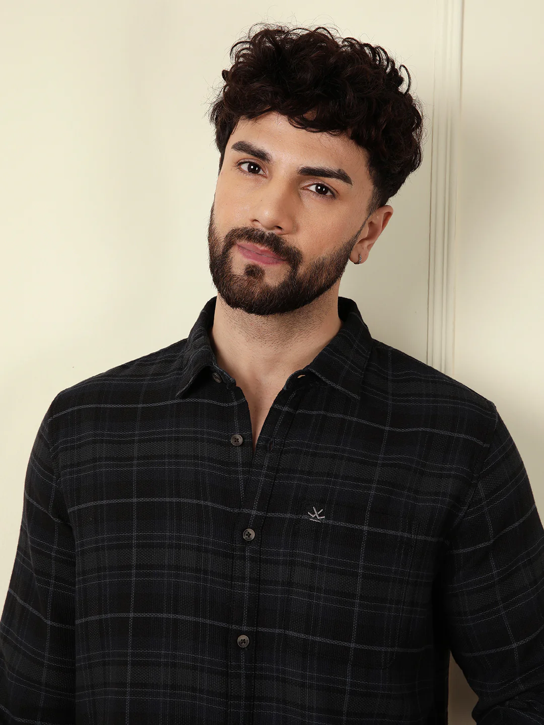 Textured Tonal Check Shirt | Navy Blue - Image 5
