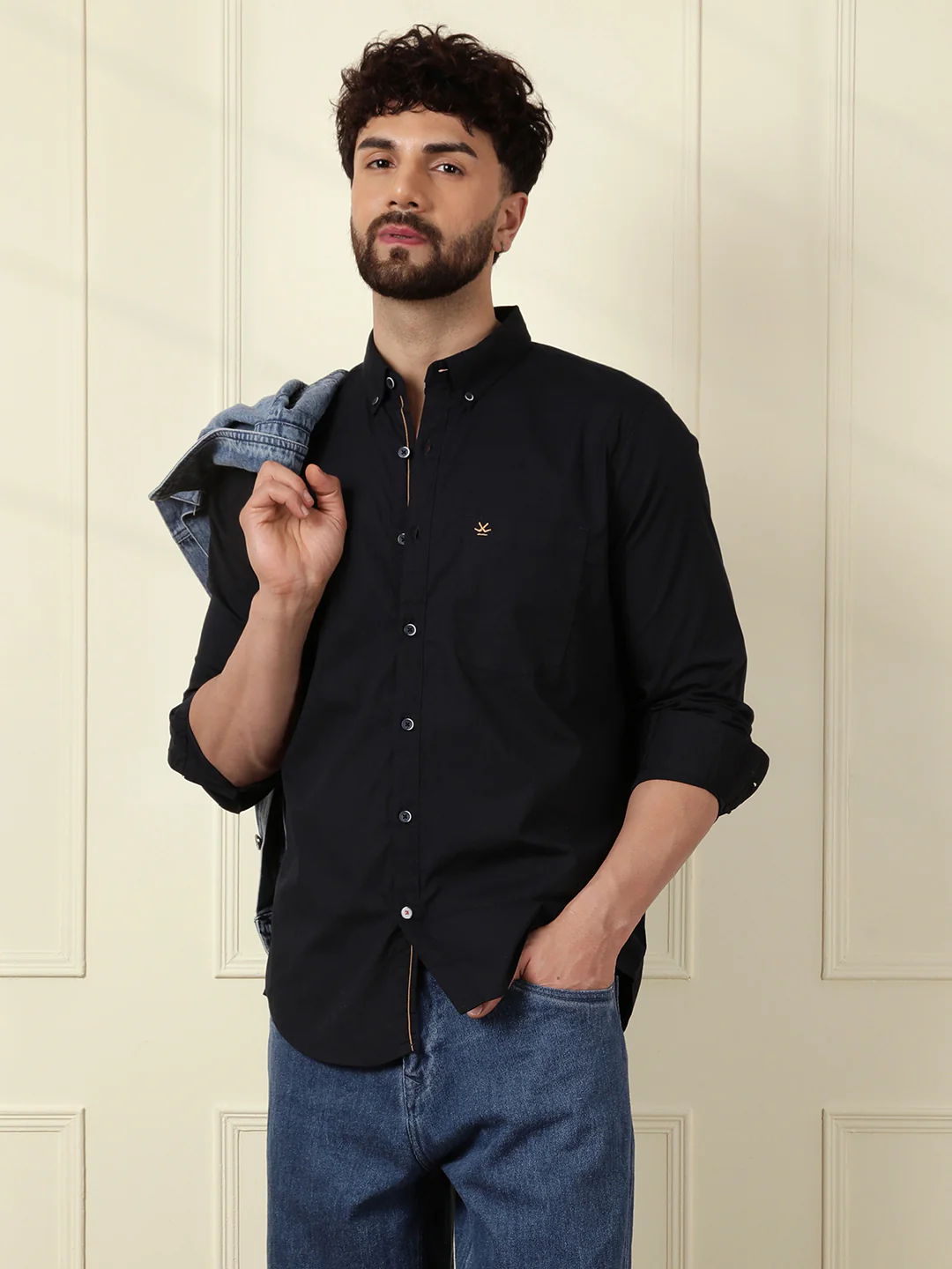 Solid Cotton Blend Stretch Shirt | Navy Blue - Image 2