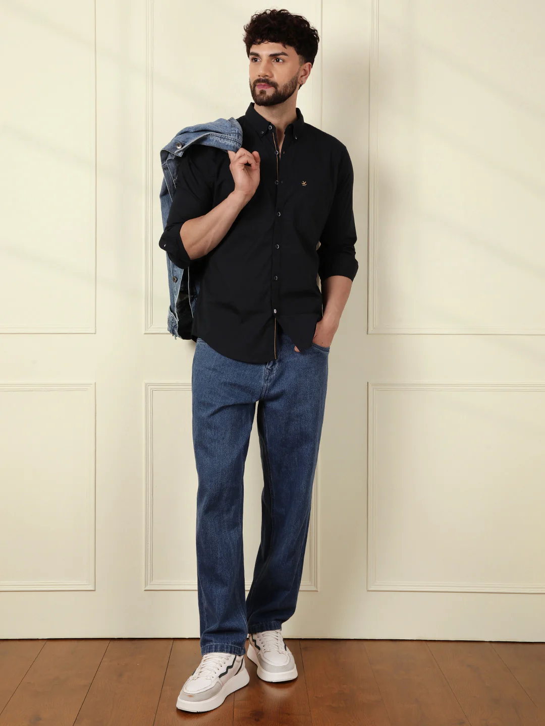 Solid Cotton Blend Stretch Shirt | Navy Blue - Image 3