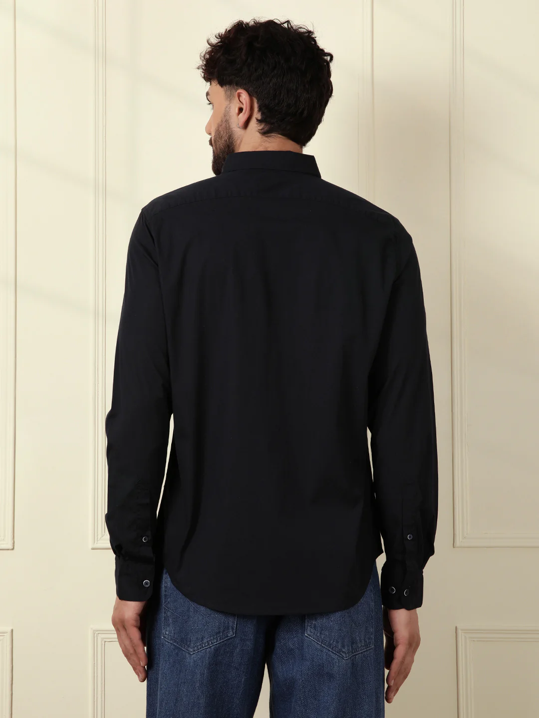 Solid Cotton Blend Stretch Shirt | Navy Blue - Image 4