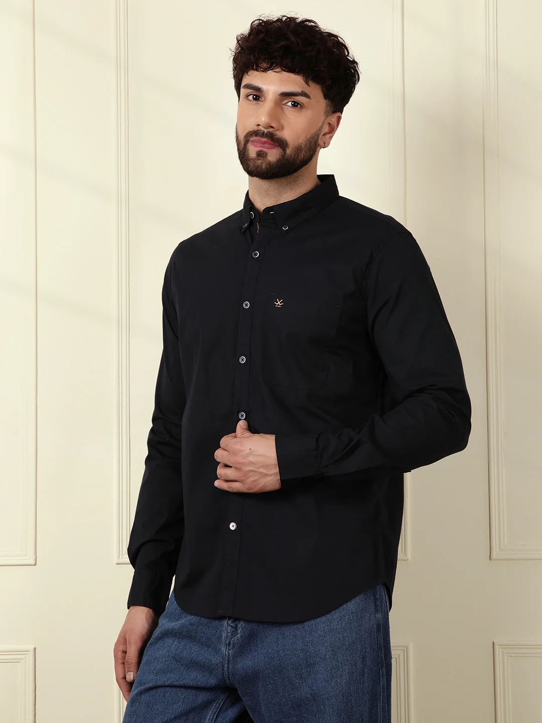 Solid Cotton Blend Stretch Shirt | Navy Blue - Image 5