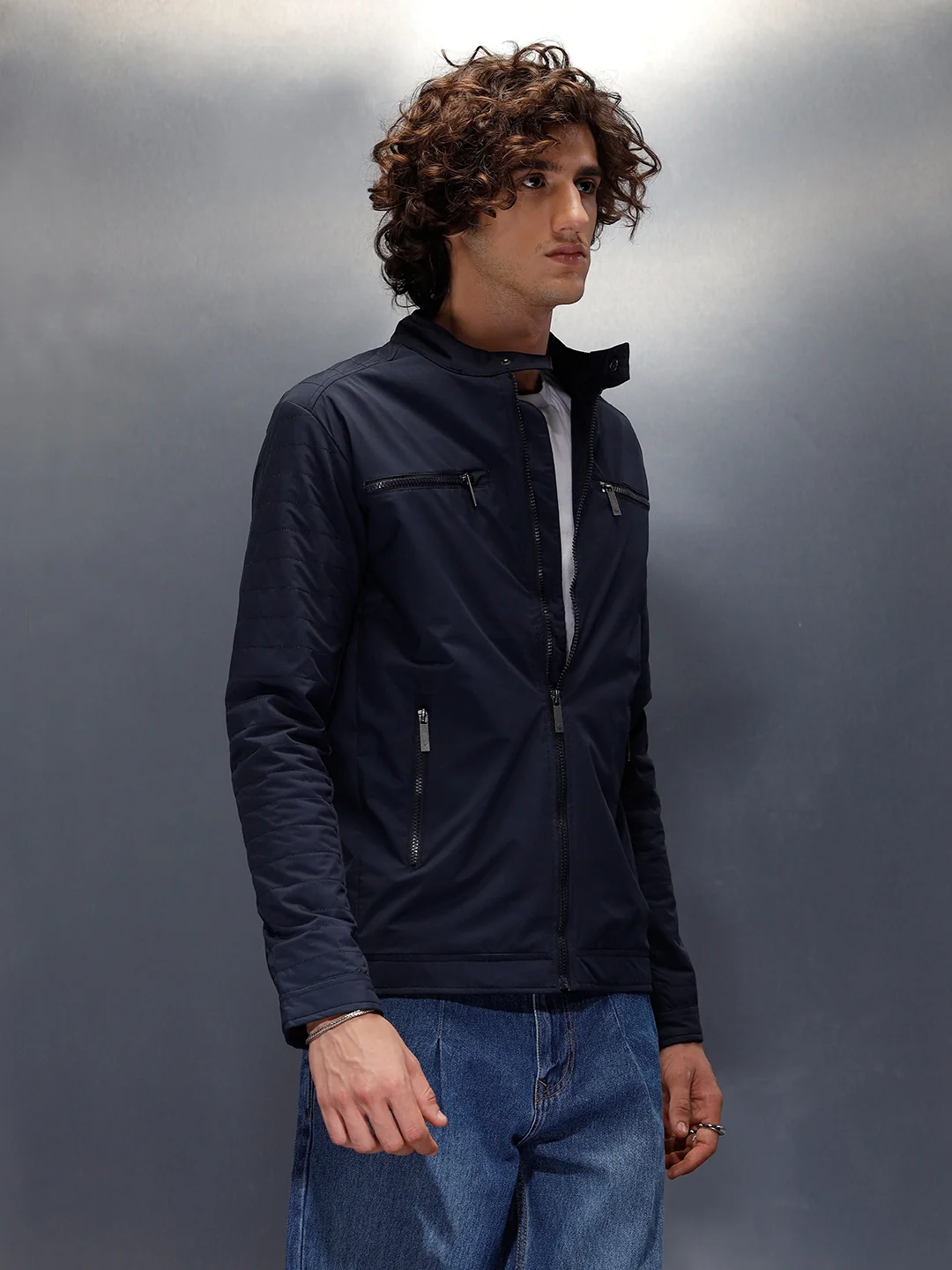 Nylon Regular Fit Classic Biker Jacket | Navy Blue - Image 4
