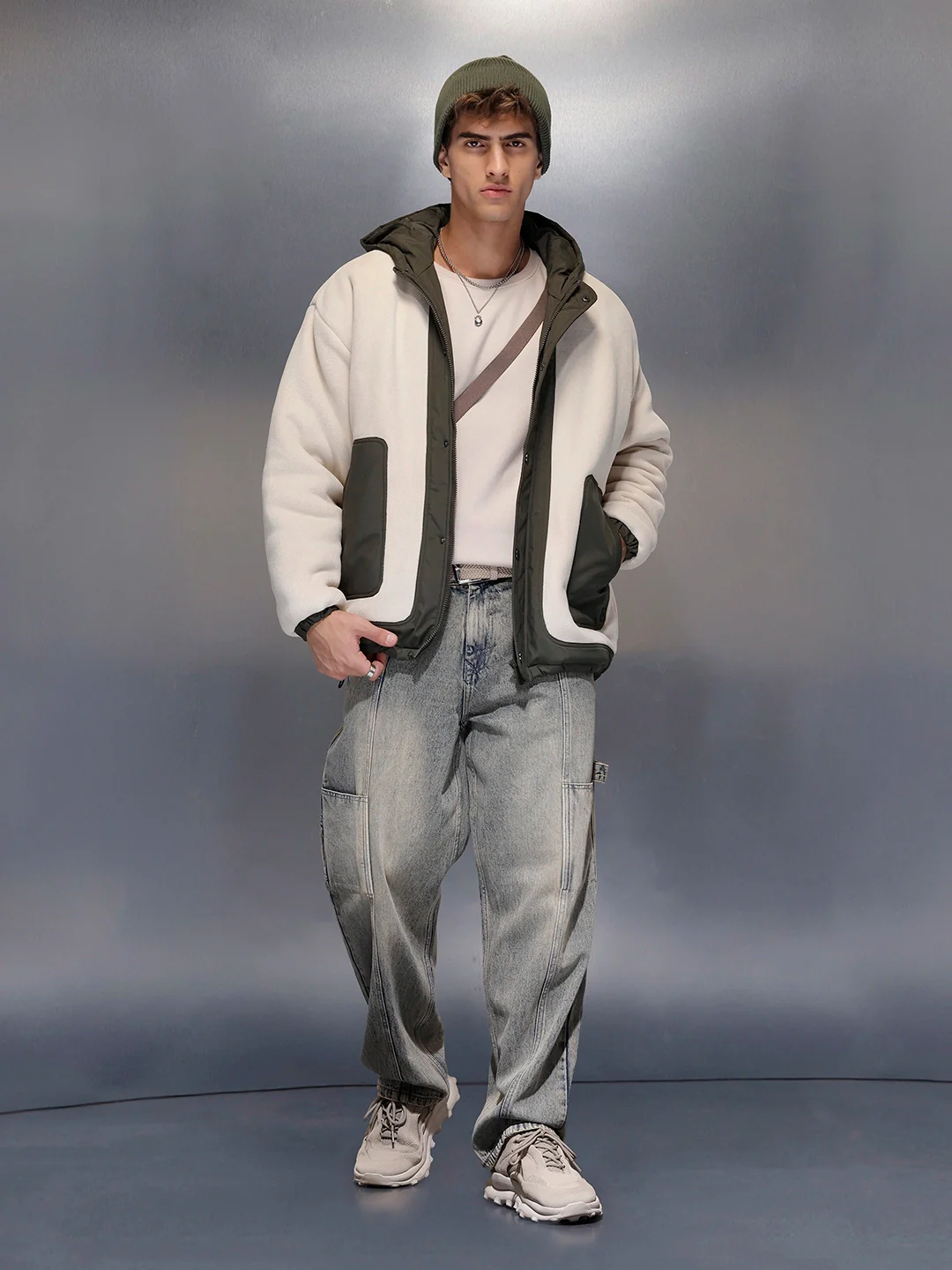 Olive Block Sherpa-Panel Jacket | Beige - Image 2