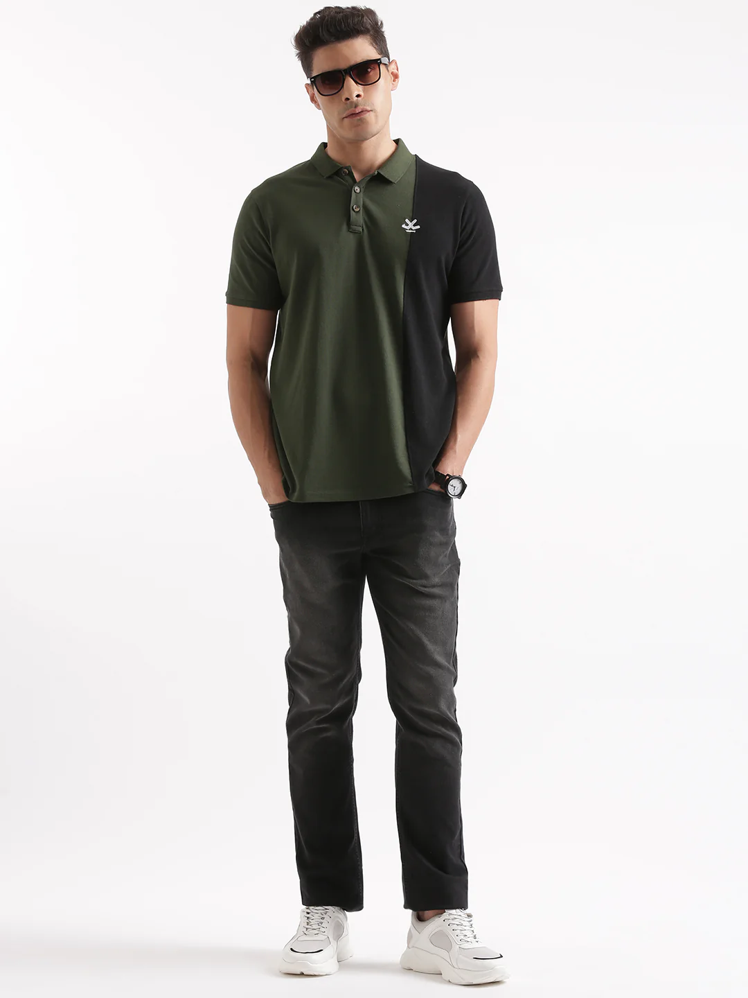 Olive Vertical Color Block Polo T-Shirt - Image 3