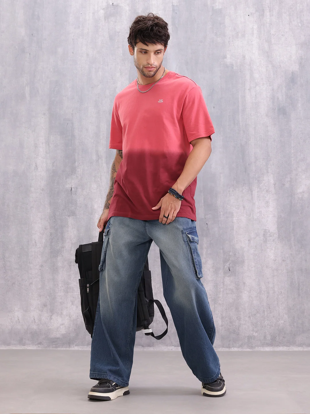 Ombre Dyed Back Graphic Printed Oversized Fit T-Shirt | Red - Image 2