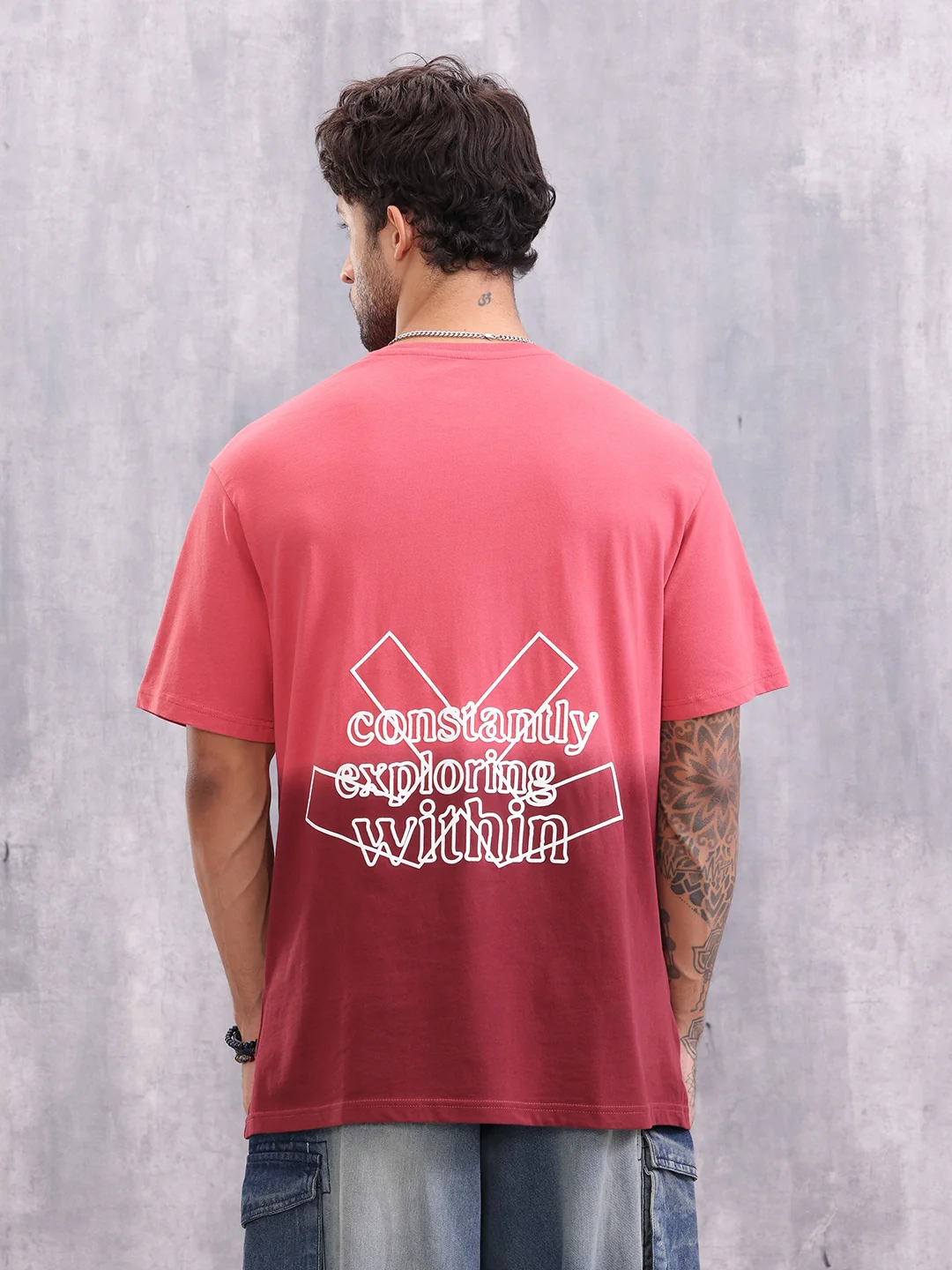 Ombre Dyed Back Graphic Printed Oversized Fit T-Shirt | Red - Image 3