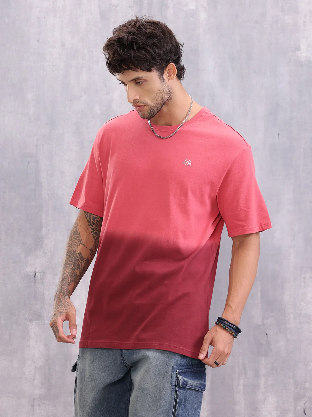 Ombre Dyed Back Graphic Printed Oversized Fit T-Shirt | Red - Image 4