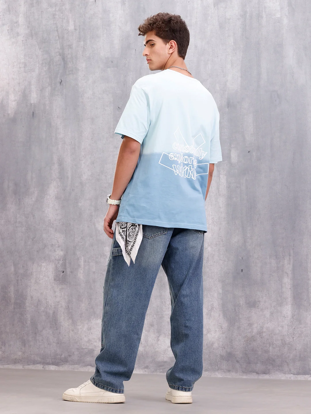Ombre Dyed Back Graphic Puff Printed Oversized Fit T-Shirt | Light Blue - Image 2