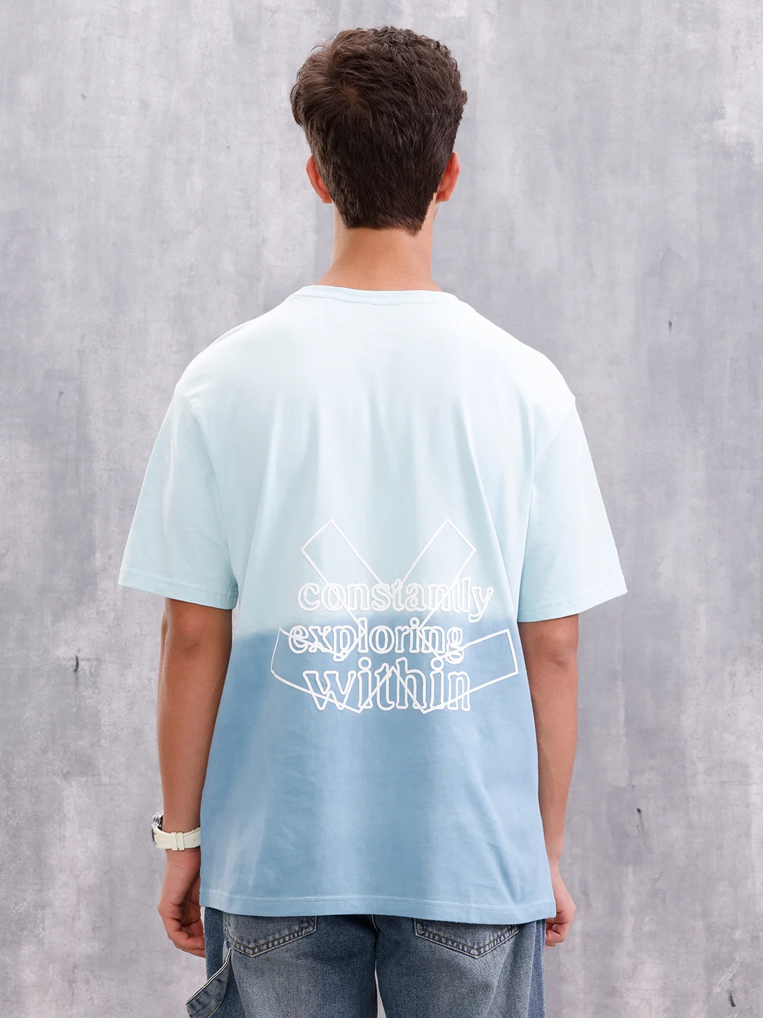 Ombre Dyed Back Graphic Puff Printed Oversized Fit T-Shirt | Light Blue - Image 3