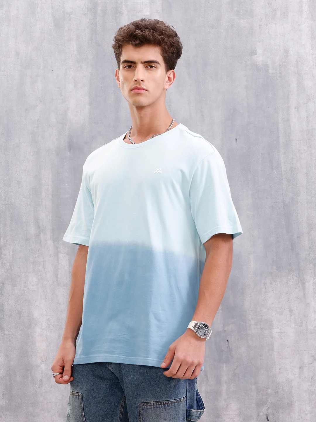 Ombre Dyed Back Graphic Puff Printed Oversized Fit T-Shirt | Light Blue - Image 4