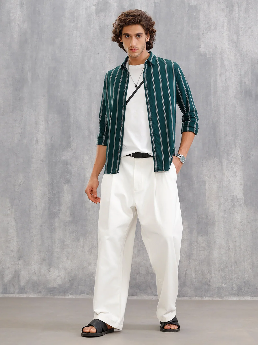 Open Dobby Stripe Shirt In Regular Fit  |  Dark Green - Image 2