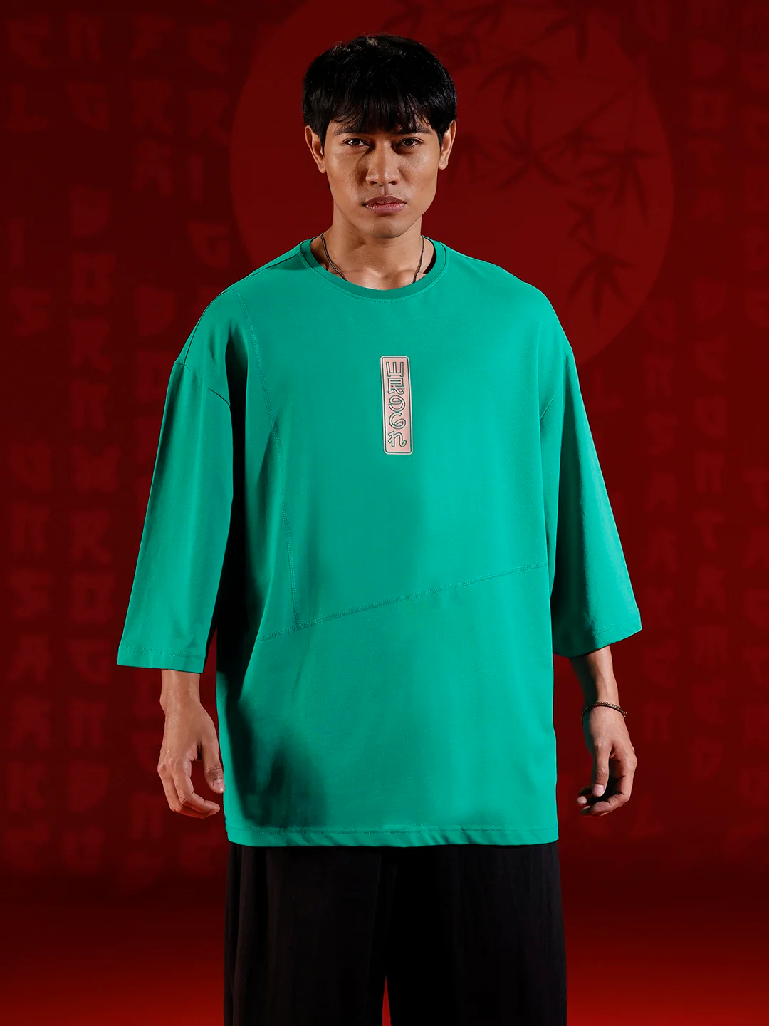 Oversize 3/4 sleeve tshirt with vertical label print detail | Green - Image 3