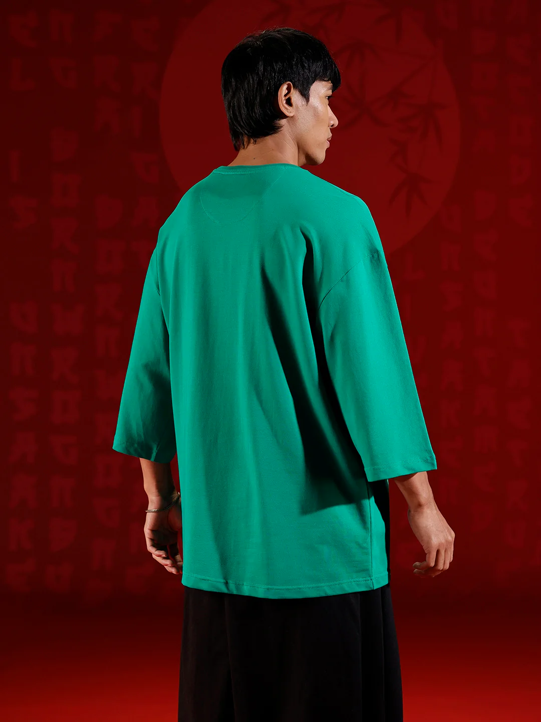 Oversize 3/4 sleeve tshirt with vertical label print detail | Green - Image 4