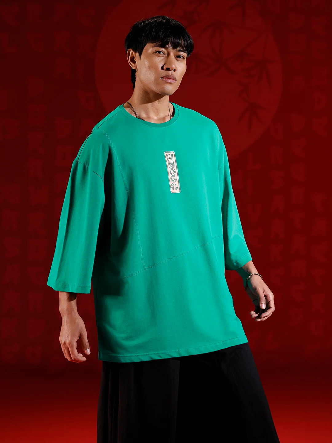 Oversize 3/4 sleeve tshirt with vertical label print detail | Green - Image 5