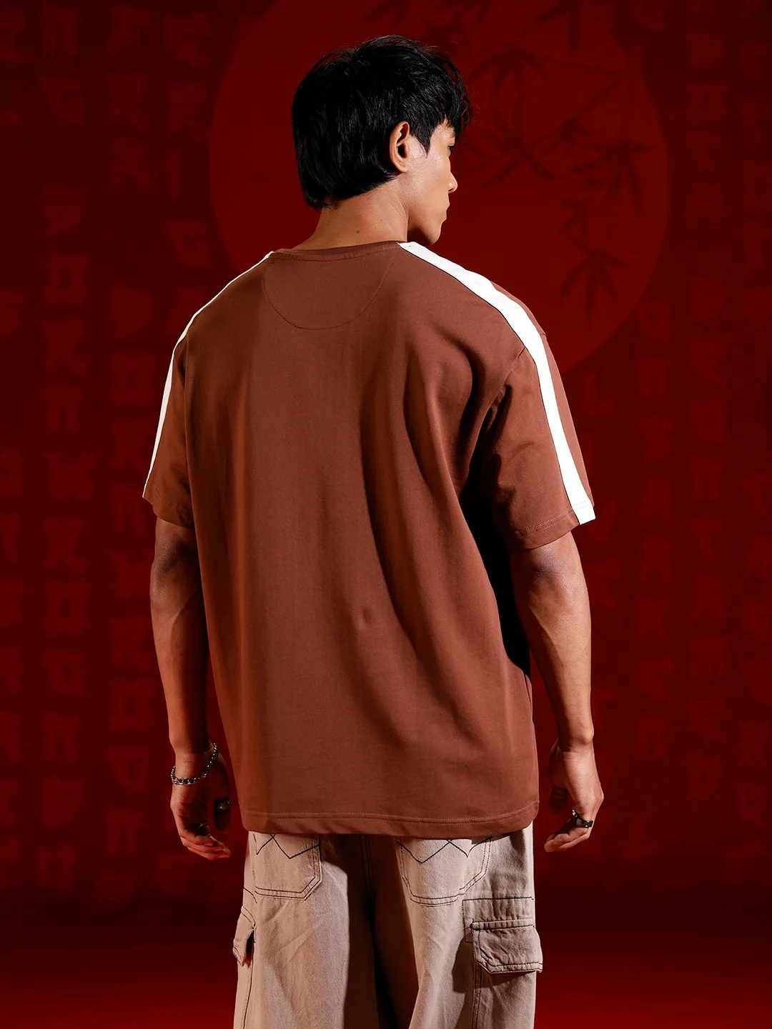 Oversize chest print T-shirt with contrast shoulder and Stitch detail | Brown - Image 3