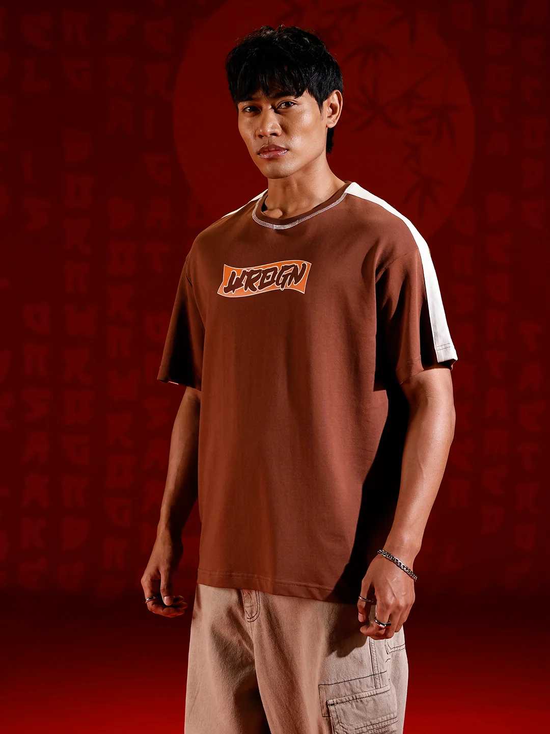 Oversize chest print T-shirt with contrast shoulder and Stitch detail | Brown - Image 4