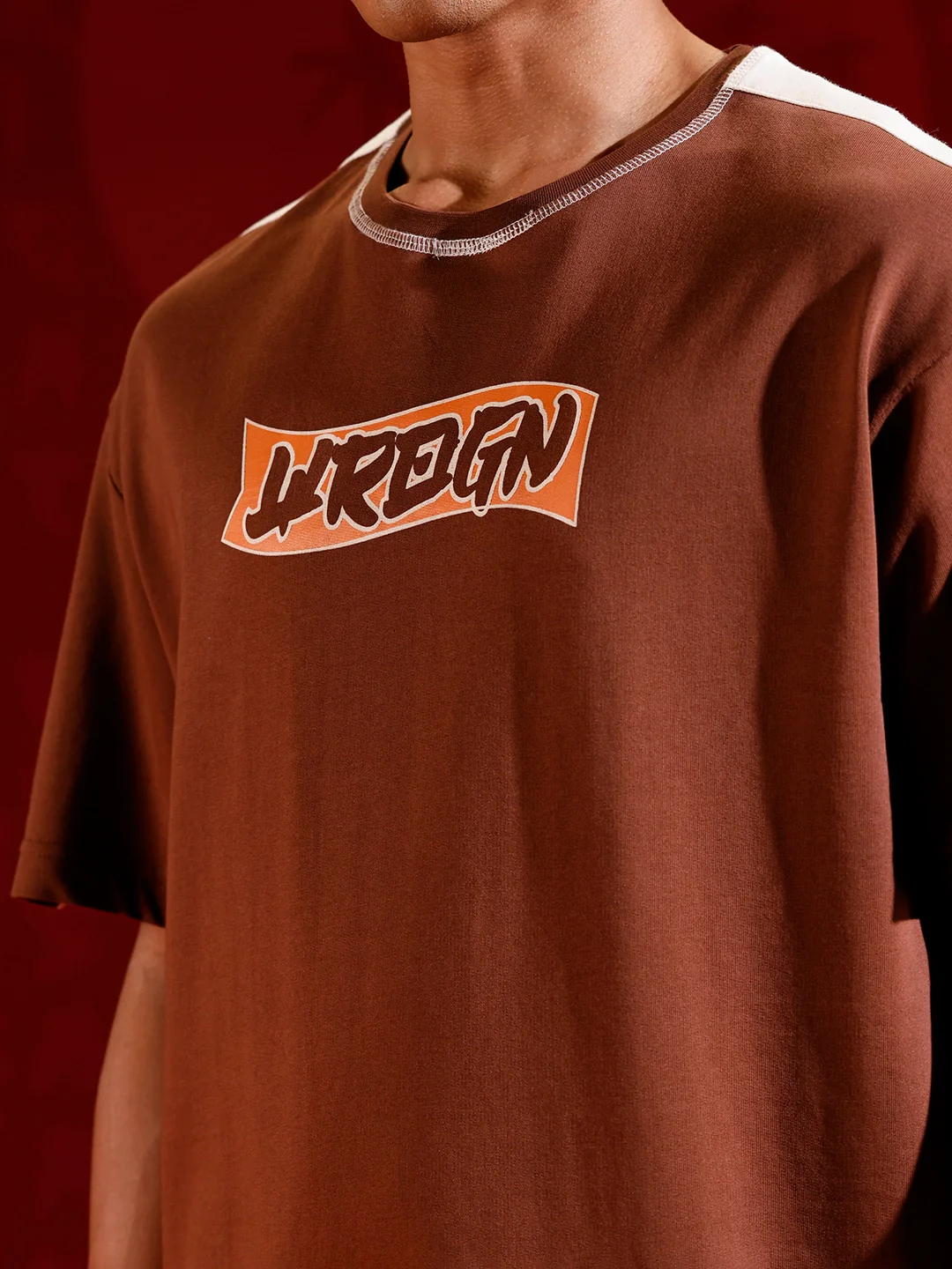 Oversize chest print T-shirt with contrast shoulder and Stitch detail | Brown - Image 5