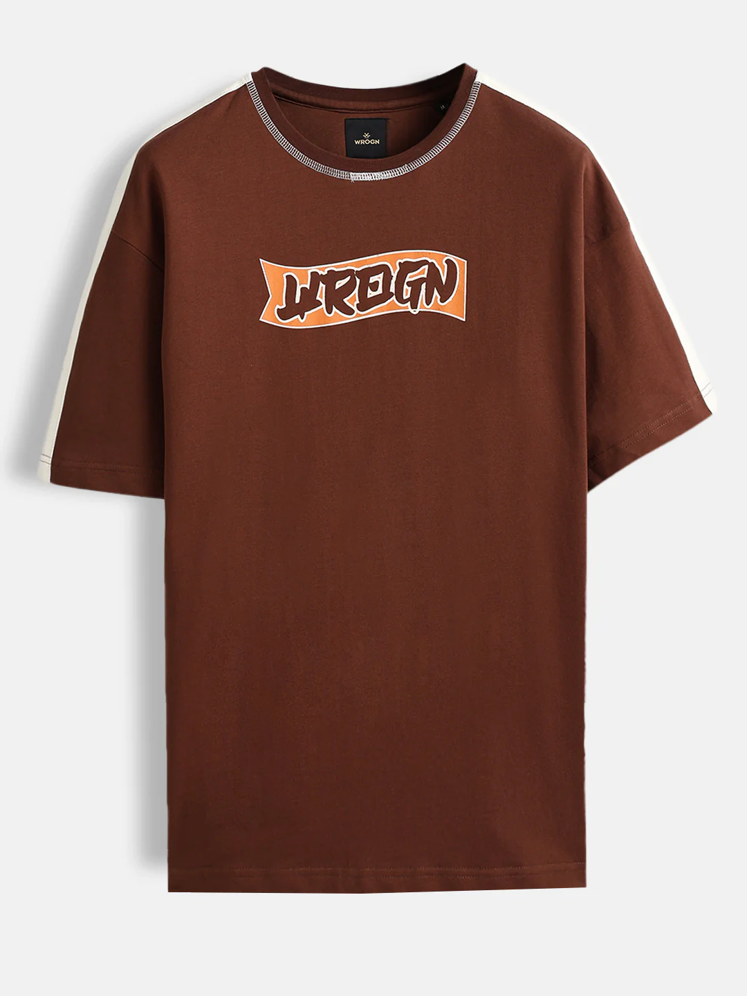 Oversize chest print T-shirt with contrast shoulder and Stitch detail | Brown - Image 6