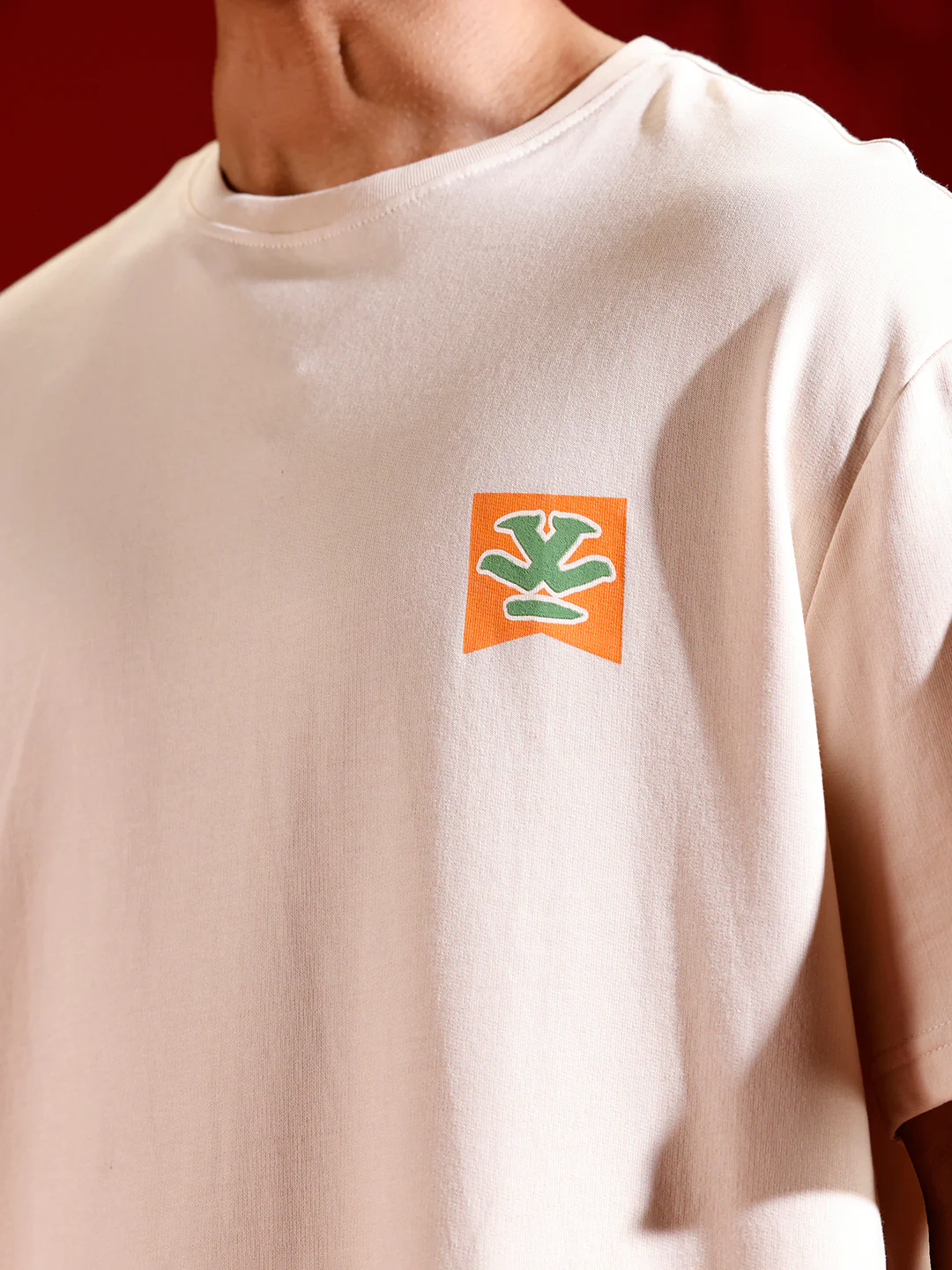 Oversized Black Cotton T-shirt with Graphic Accent | Beige - Image 7