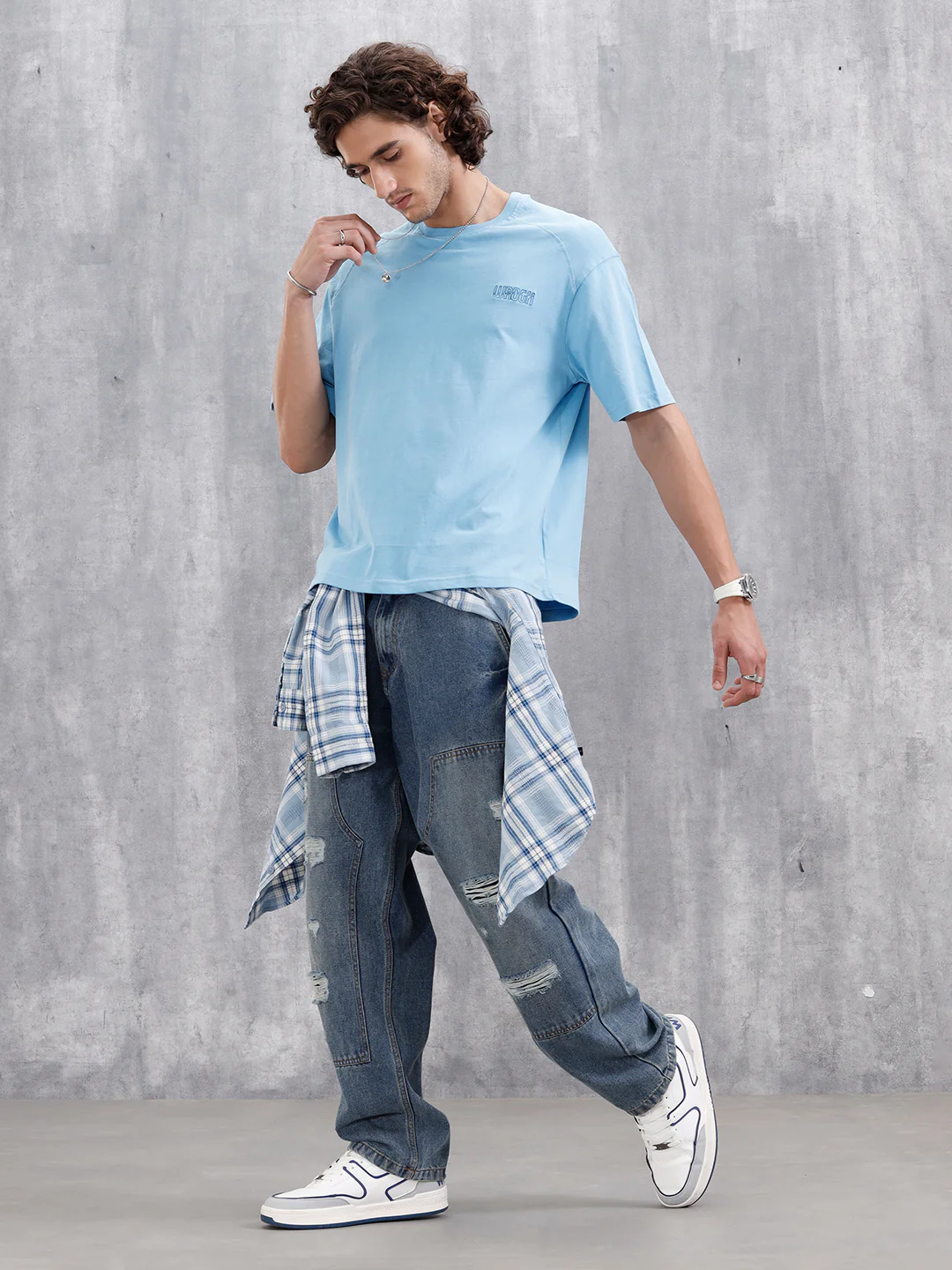 Oversized Crew Neck T-Shirt With Puff Print | Light Blue - Image 2