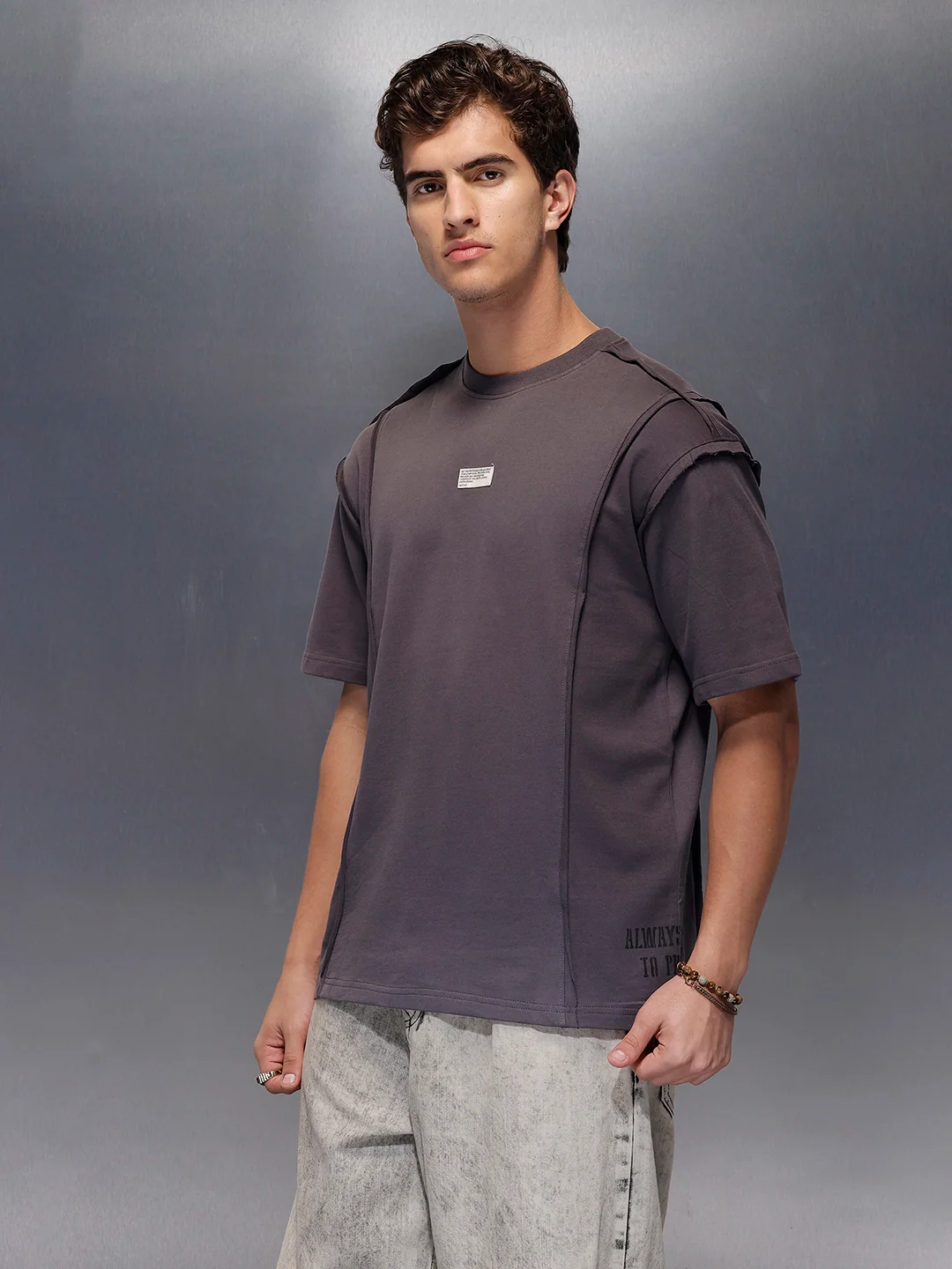 Oversized Cut And Sew T-Shirt   |  Charcoal - Image 4