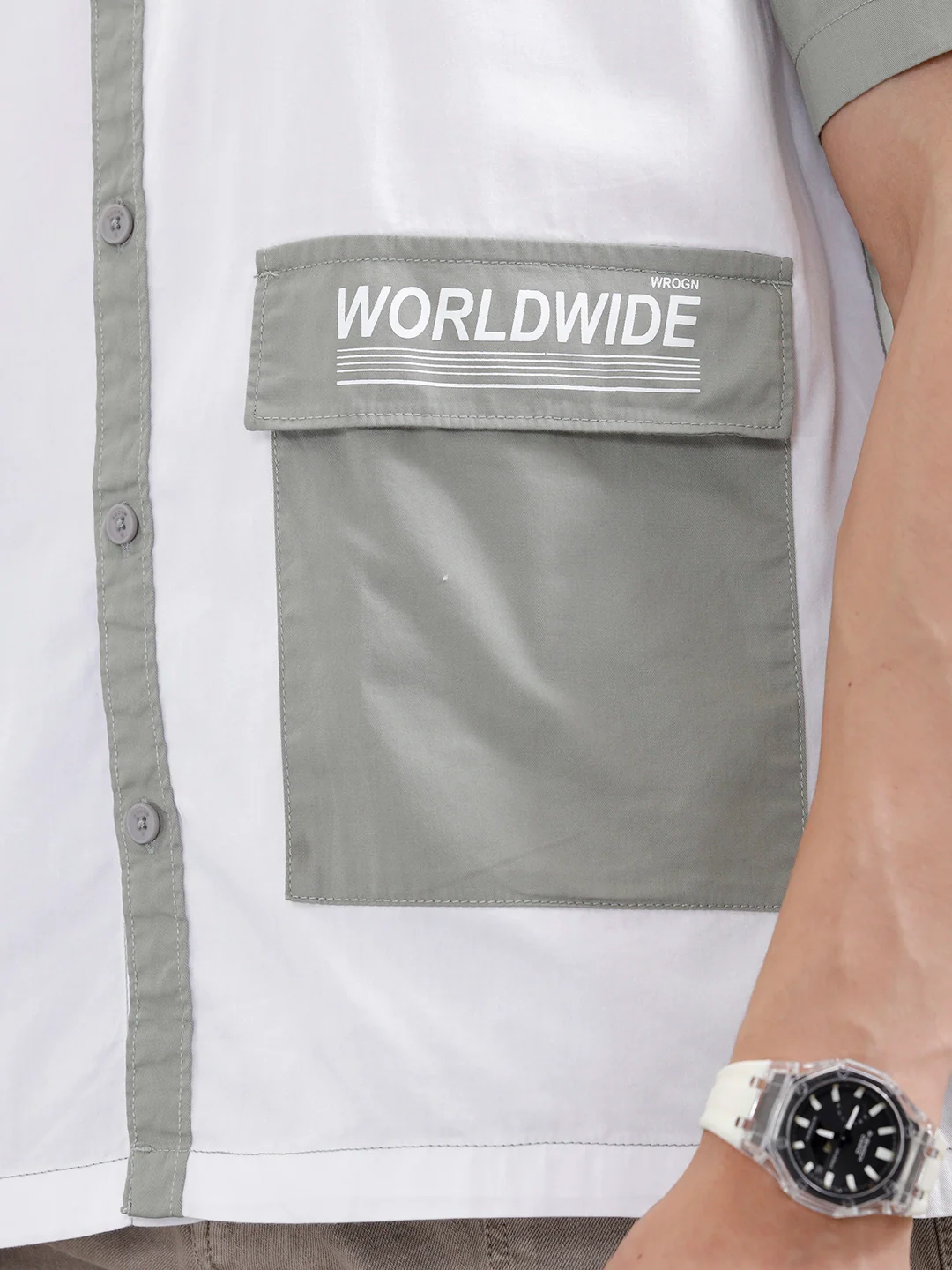 Oversized Fit Colourblock Shirt With Contrast Utility Pockets | White And Grey - Image 5