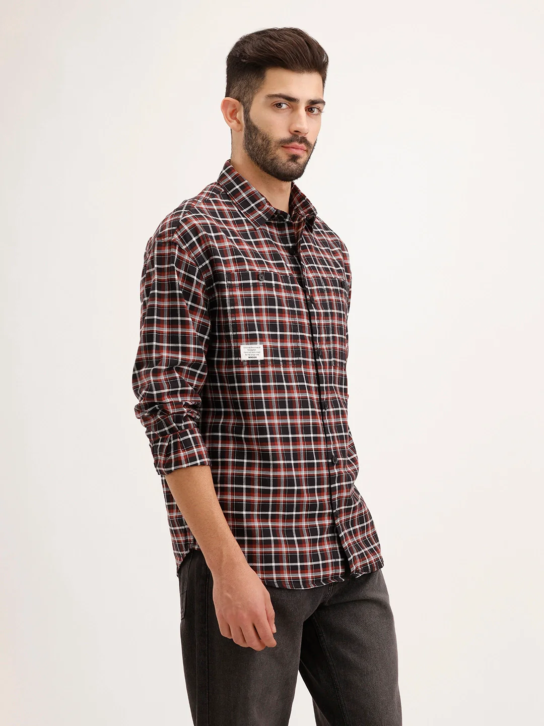 Oversized Fit Double Pocket Checkered Shirt | Black - Image 4