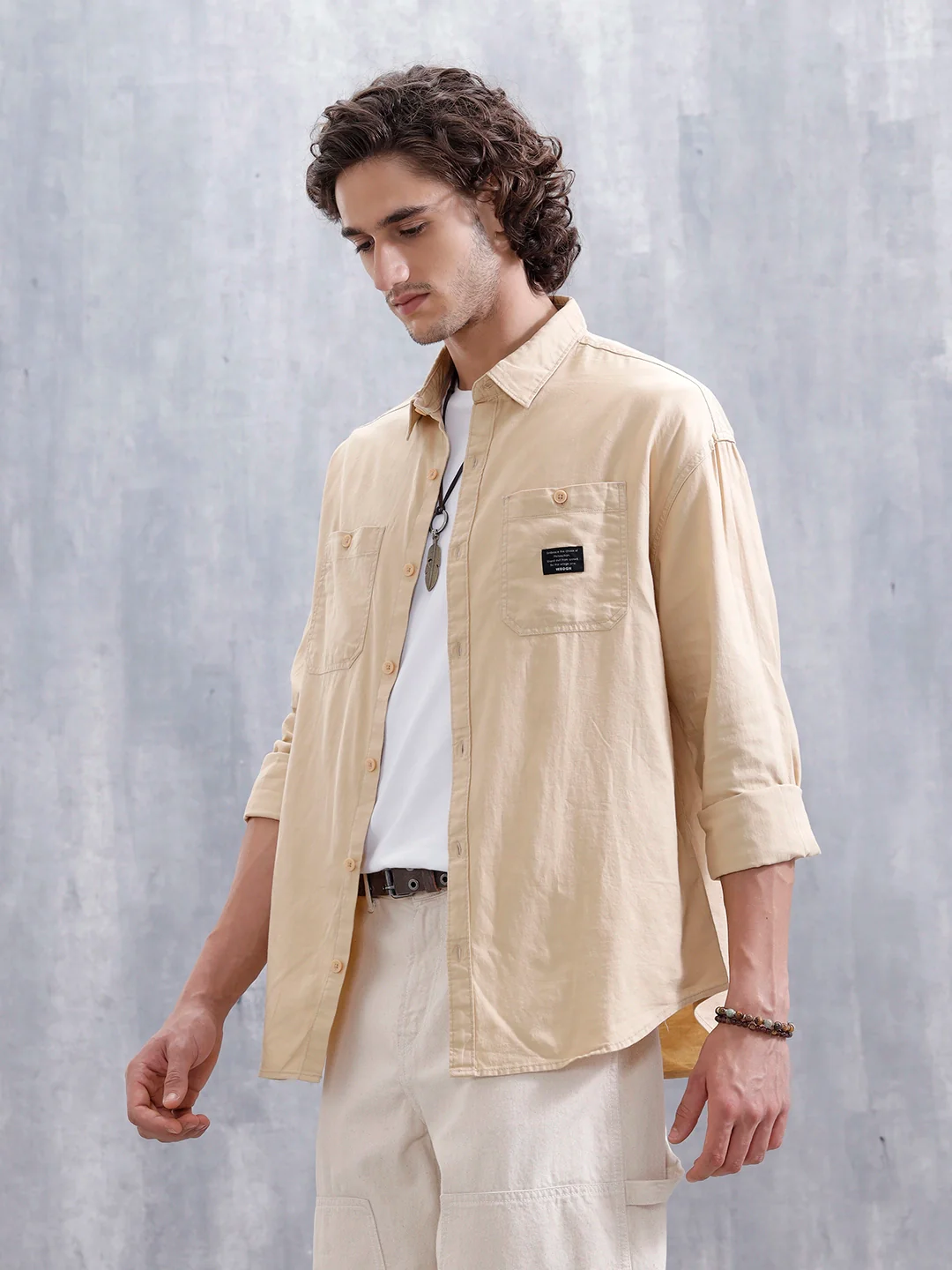 Oversized Fit Double Pocket Solid Shirt | Beige - Image 4