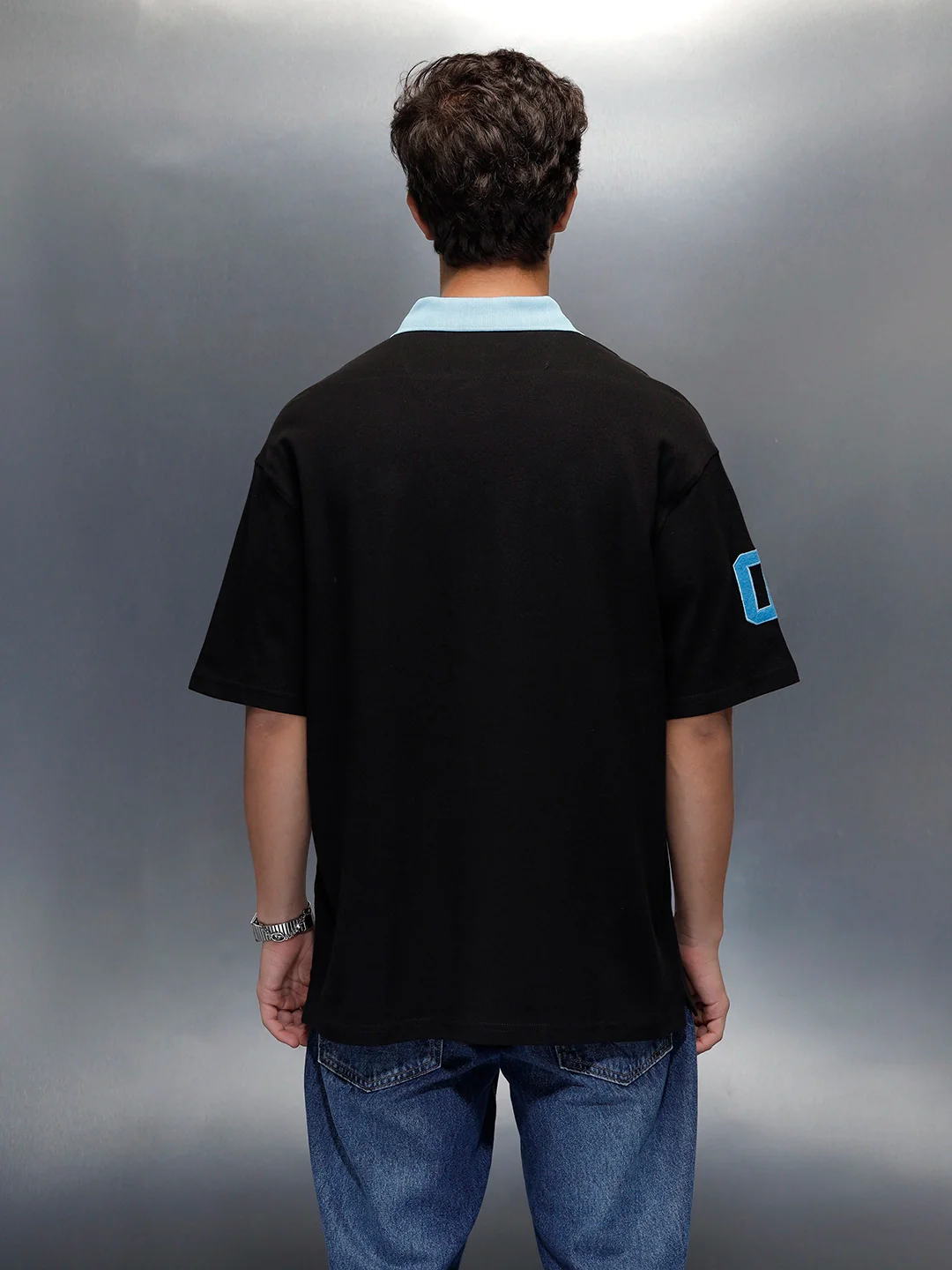 Oversized fit polo t-shirt with contrast collar | Black - Image 3