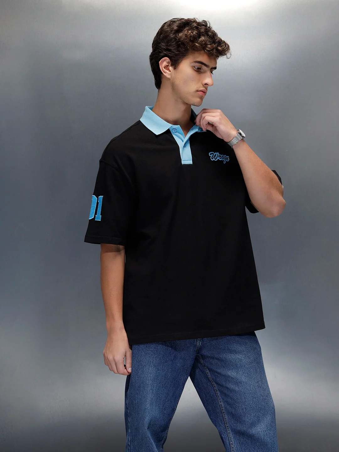 Oversized fit polo t-shirt with contrast collar | Black - Image 4