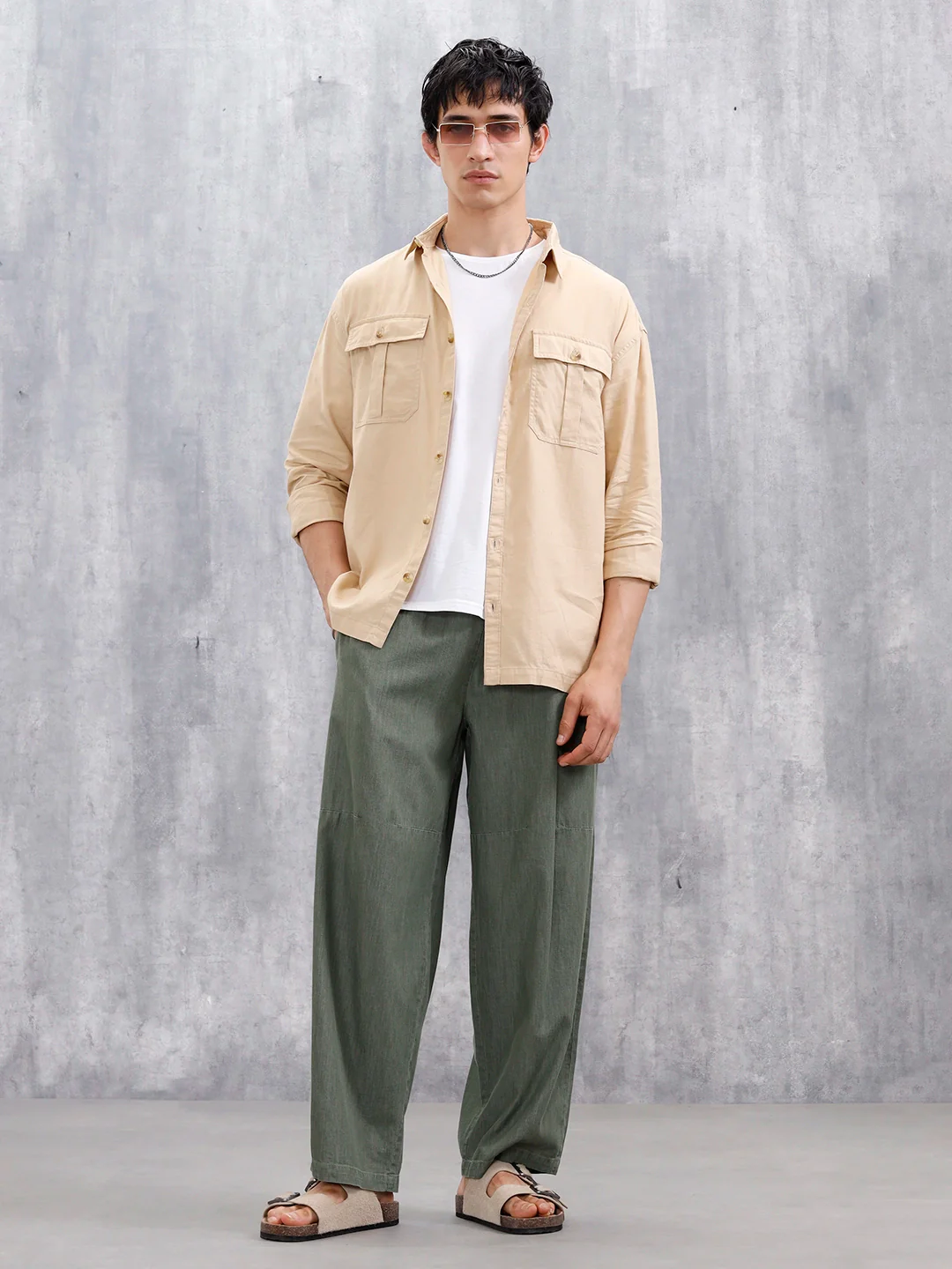 Oversized Fit Solid Shirt With Double Flap Pockets | Beige - Image 2