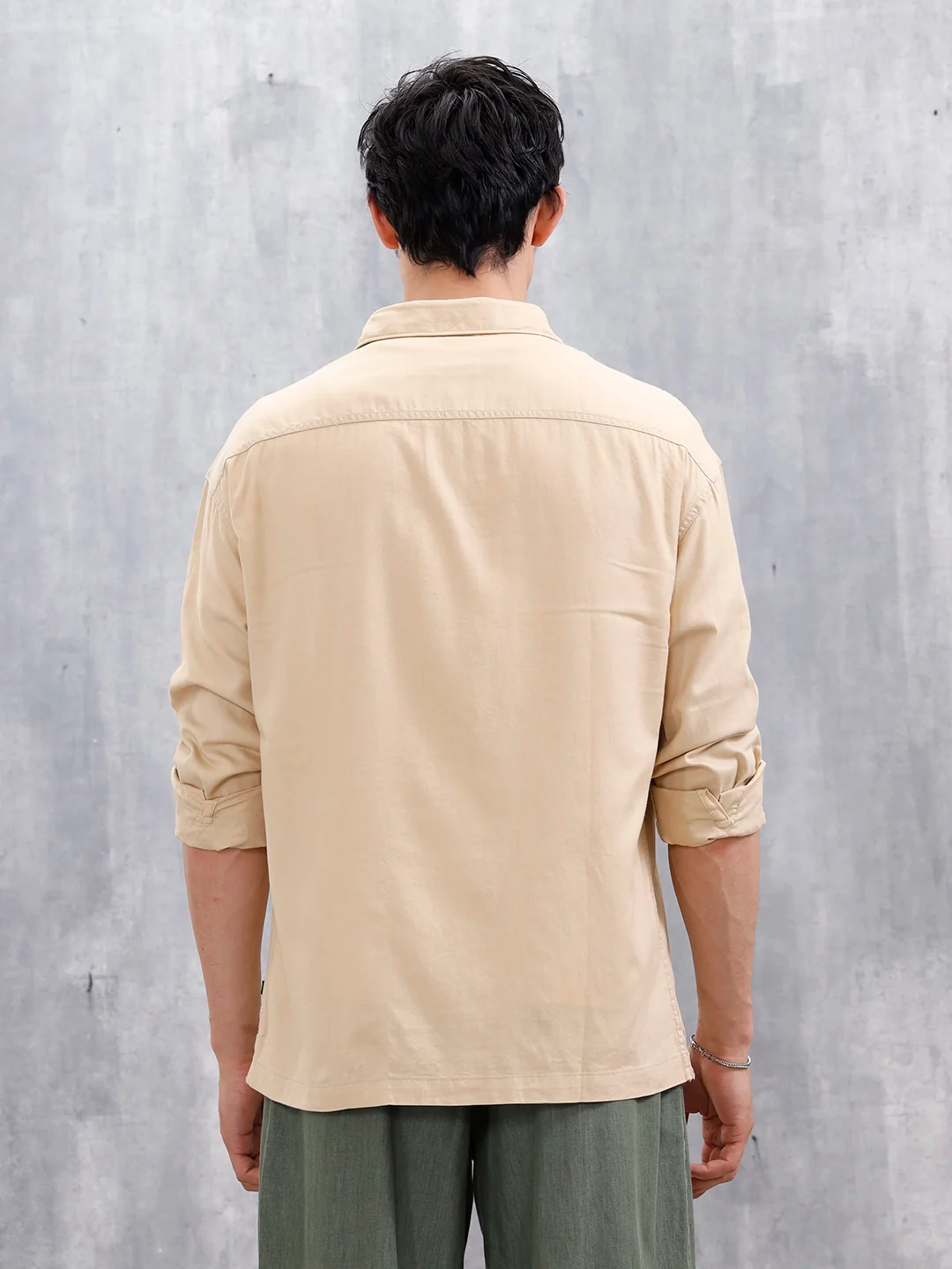 Oversized Fit Solid Shirt With Double Flap Pockets | Beige - Image 3