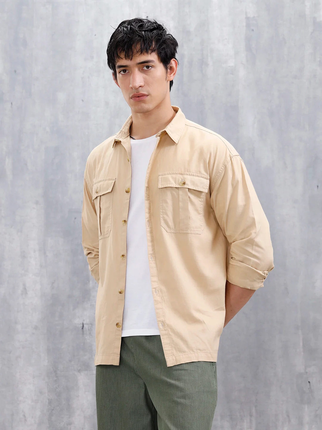 Oversized Fit Solid Shirt With Double Flap Pockets | Beige - Image 4