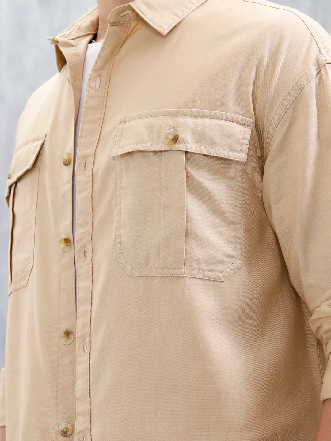 Oversized Fit Solid Shirt With Double Flap Pockets | Beige - Image 5