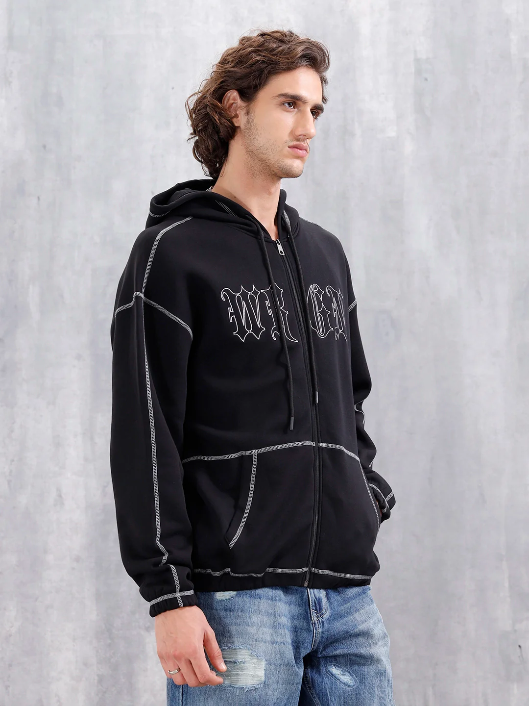 Oversized Fit Zip-Through Hoodie With Contrast Stitch | Black - Image 6