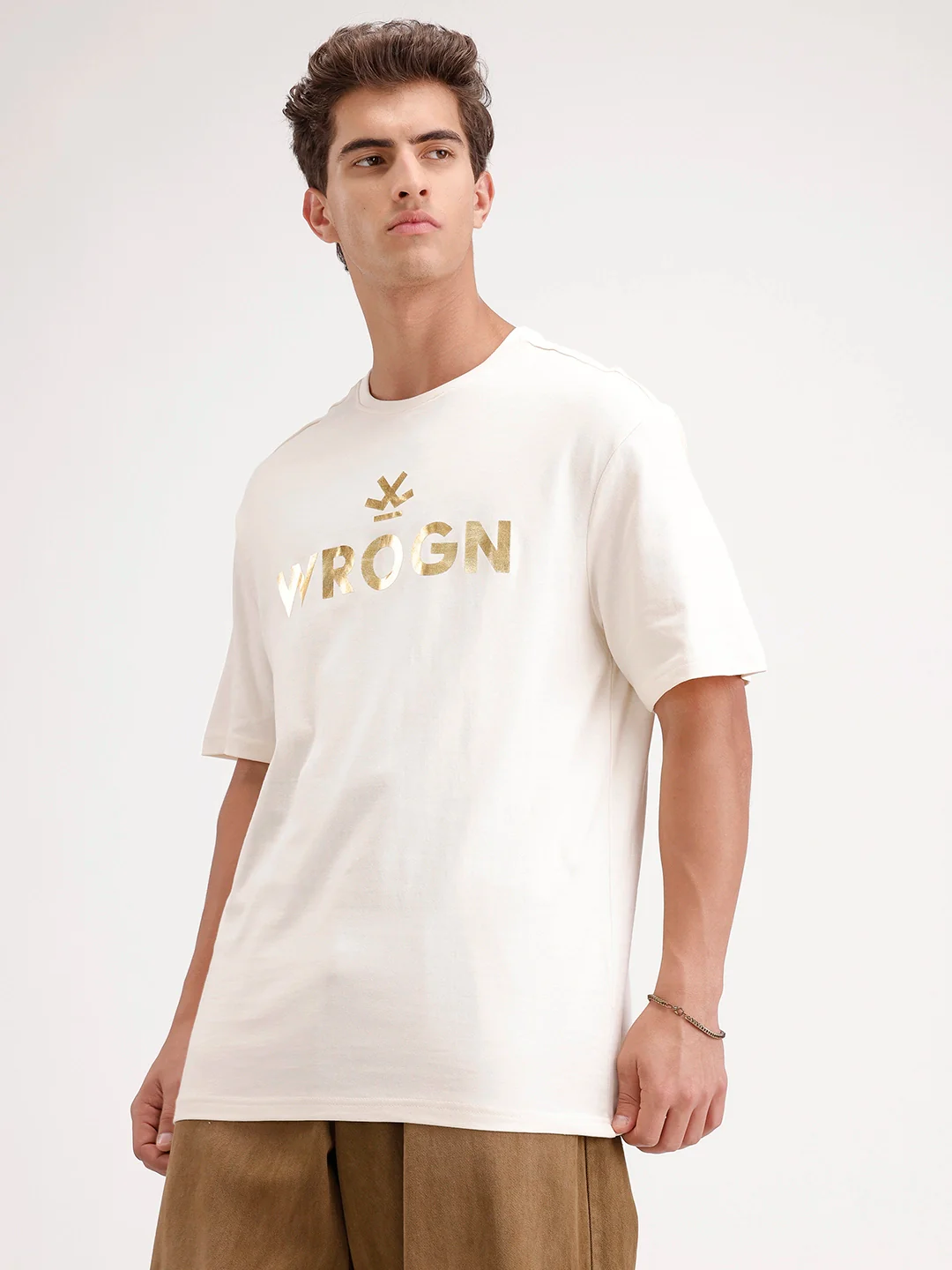 Oversized Foil Printed T-Shirt | Beige - Image 4