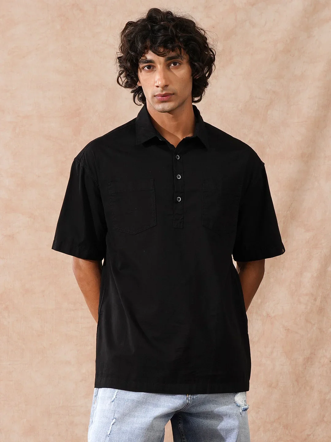 Oversized Half Placket Popover Shirt | Black - Image 4