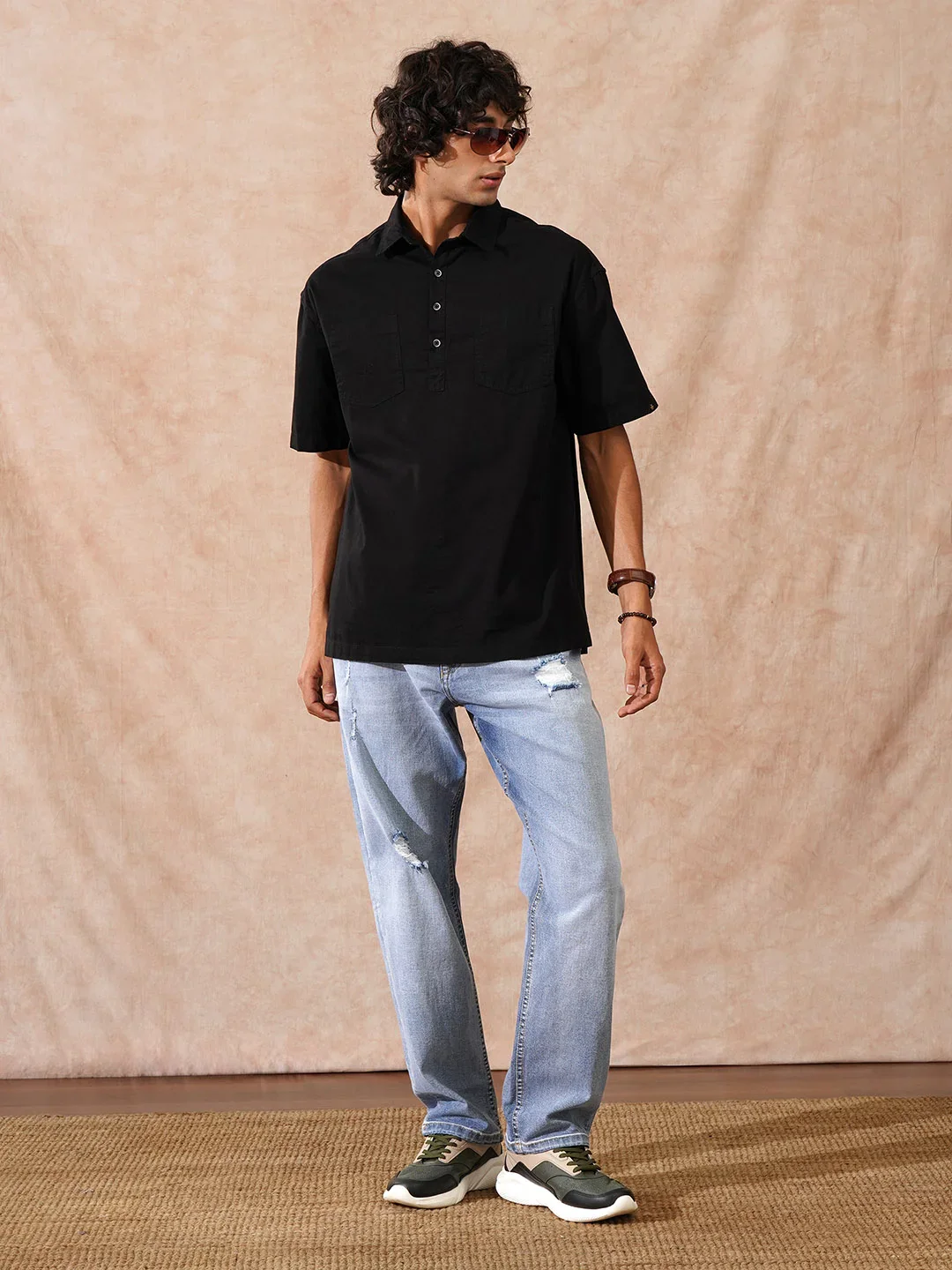 Oversized Half Placket Popover Shirt | Black - Image 5