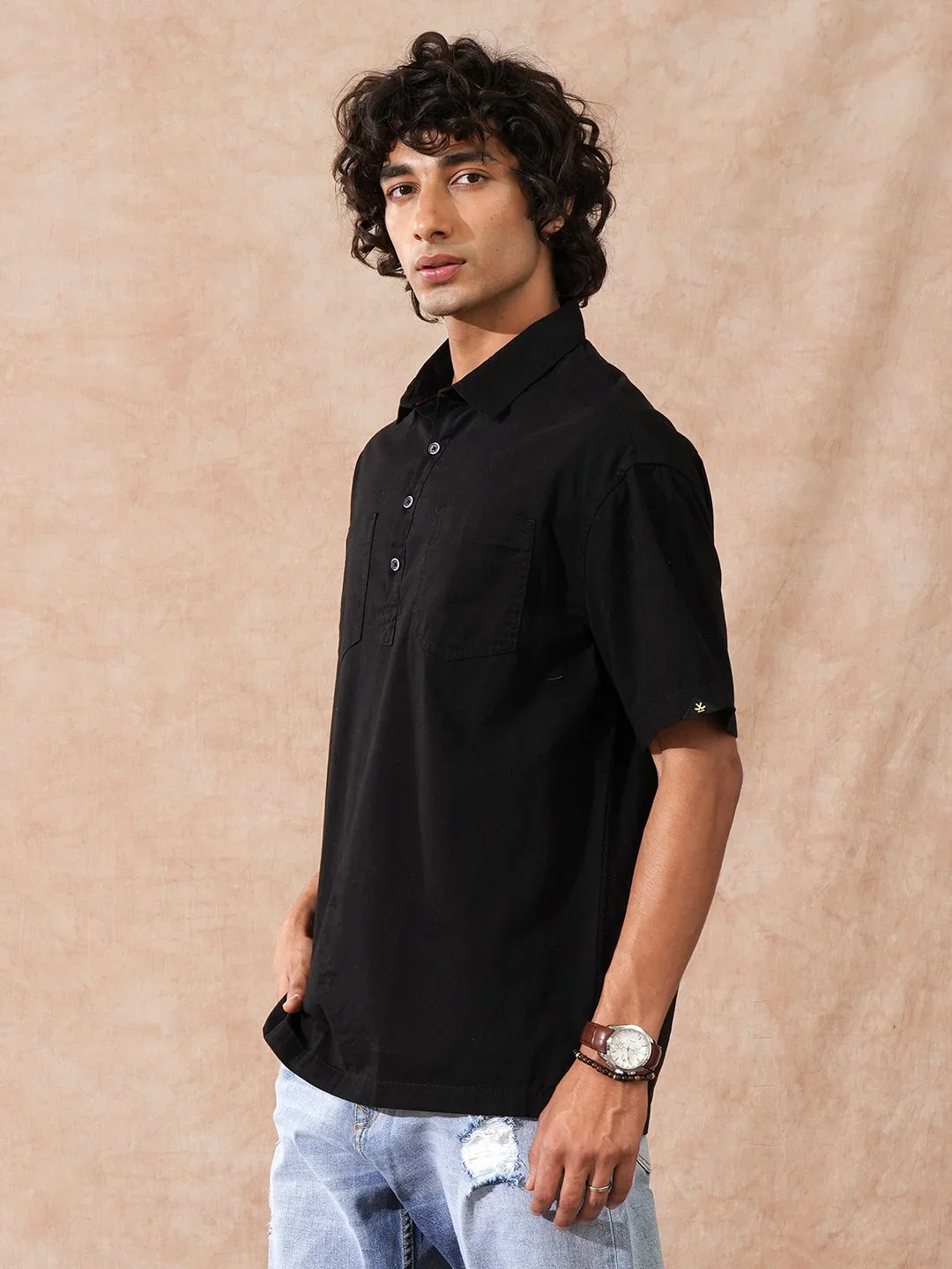 Oversized Half Placket Popover Shirt | Black - Image 7