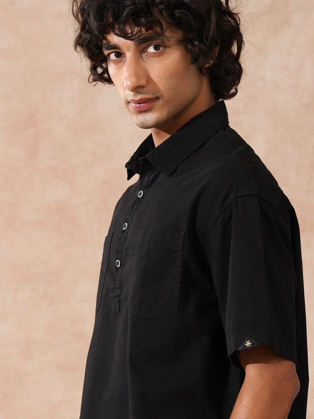 Oversized Half Placket Popover Shirt | Black - Image 8