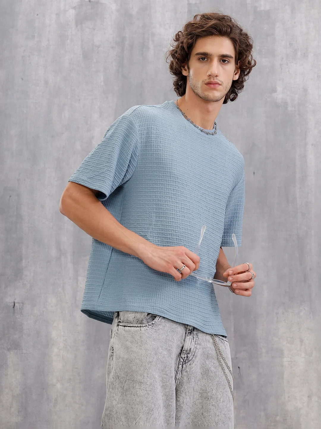 Oversized Jacquard Textured Crew Neck T-Shirt  |  Blue - Image 4