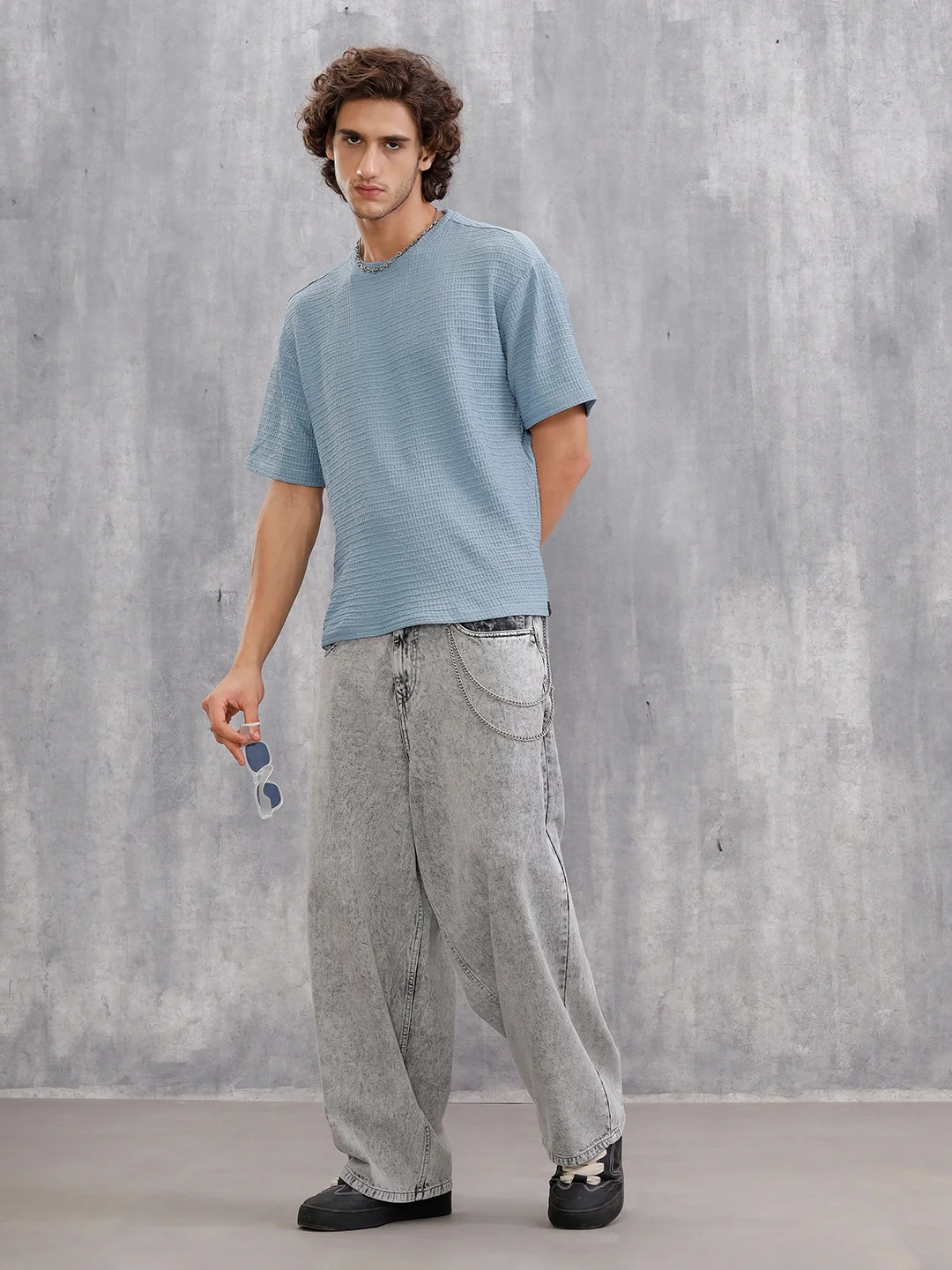 Oversized Jacquard Textured Crew Neck T-Shirt  |  Blue - Image 5