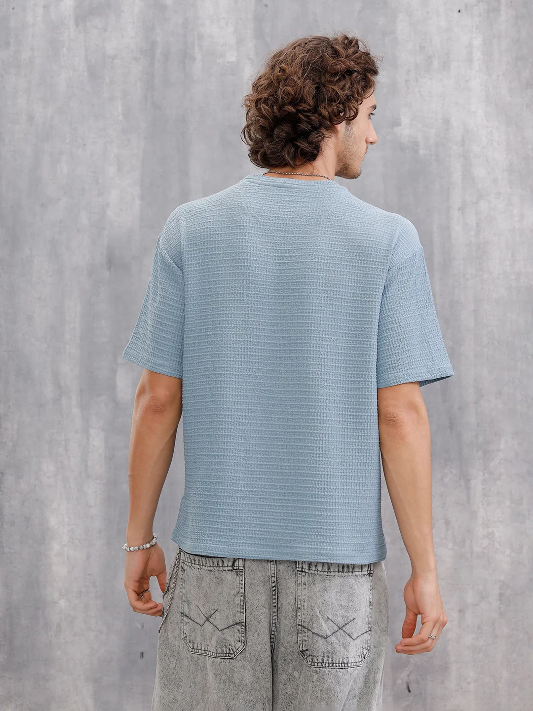 Oversized Jacquard Textured Crew Neck T-Shirt  |  Blue - Image 6